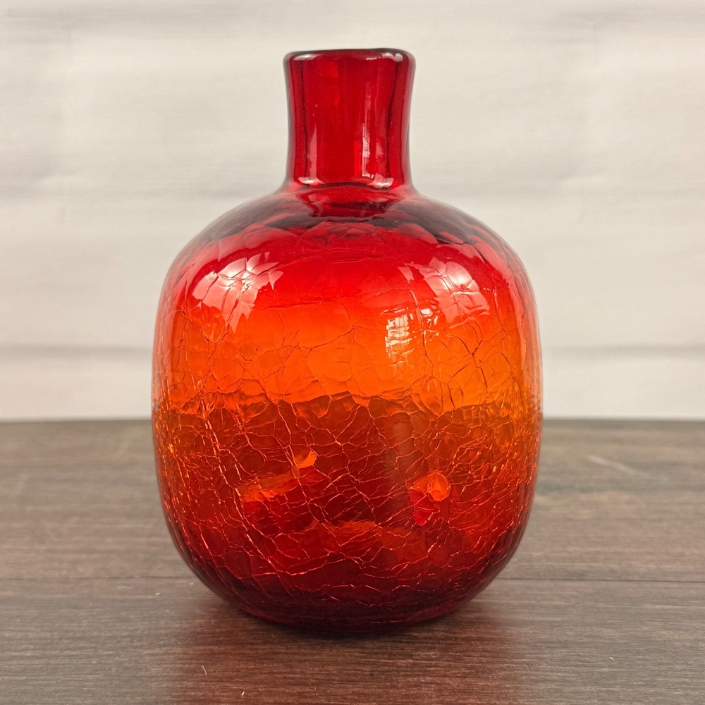 Blenko 6424 Tangerine Crackle Bud Vase Candleholder Joel Myers MCM Art Glass